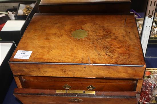 A Victorian brass inlaid walnut jeweller box, containing a quantity of costume jewellery.